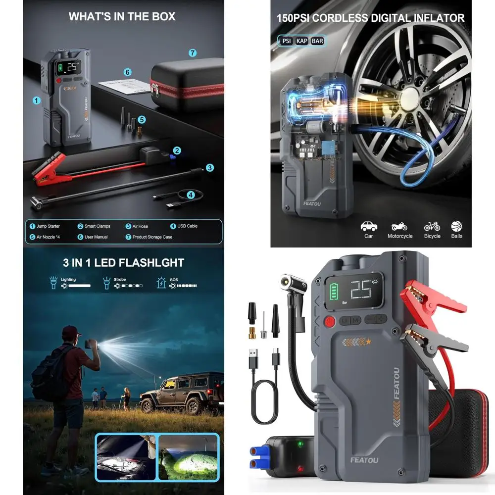 

Стартер с воздушным компрессором, функциональный блок питания 5 в 1, пиковая коробка мощностью 4500 А с цифровым накачивателем шин 150 фунтов на квадратный дюйм, портативный C