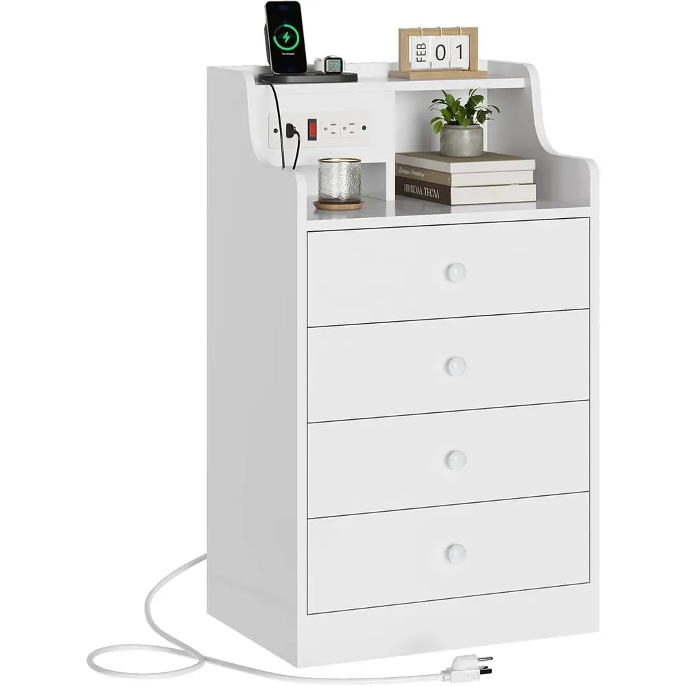 

Bedroom Nightstand with Charging Station, White End Table featuring Storage Drawers and Hutch nightstands for bedroom