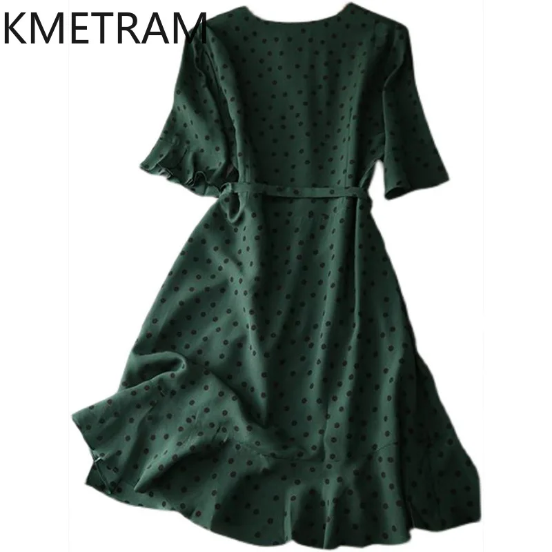 

KMETRAM Luxury Dress Women 2024 High Quality Summer Mid-long Mulberry Silk Dresses Green Polka Dots Women's Clothing New فستان