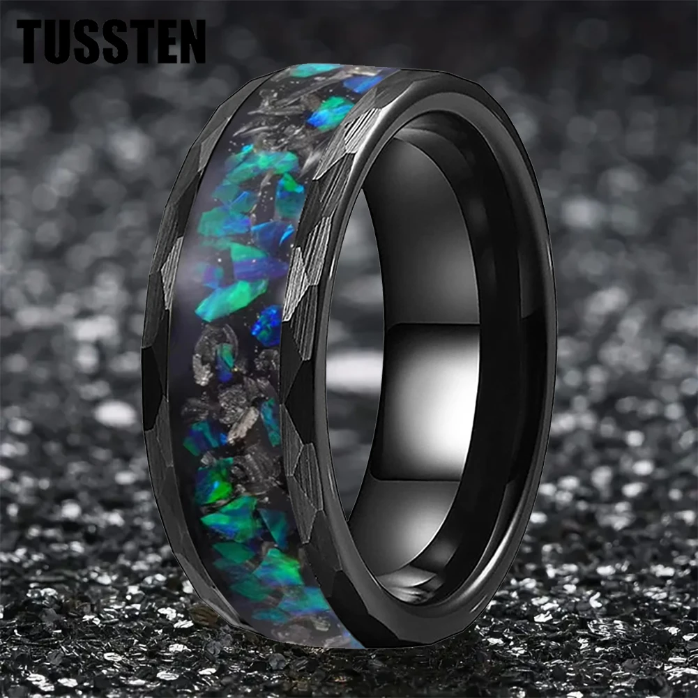 TUSSTEN 8mm Engagement Wedding Band for Men Women Meteorite and Opal Chip Inlay Black Hammered Tungsten Carbide Ring