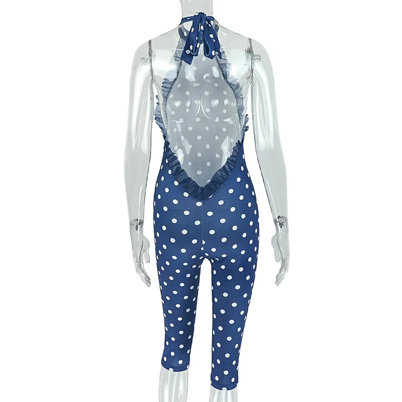 Sexy Polka Dot Print Playsuits And Hairband Woman Trend Halter Off Shoulder Bandage Skinny Peach Hip Midnight Clubwear