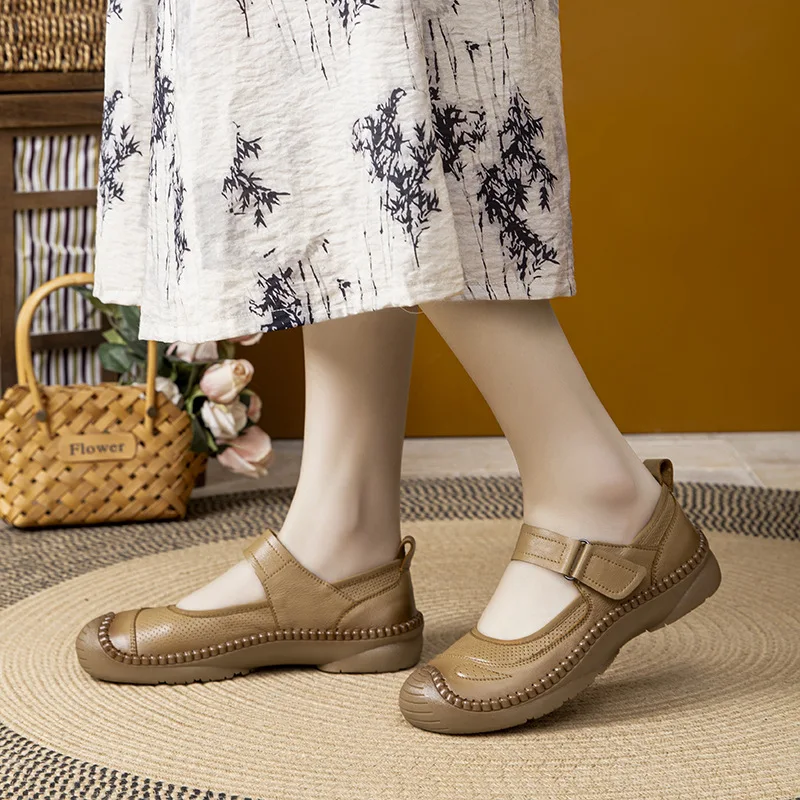 خريف جديد جلد طبيعي لينة سوليد حذاء مسطح ريترو جولة تو الضحلة تنوعا أحذية نسائية مريحة