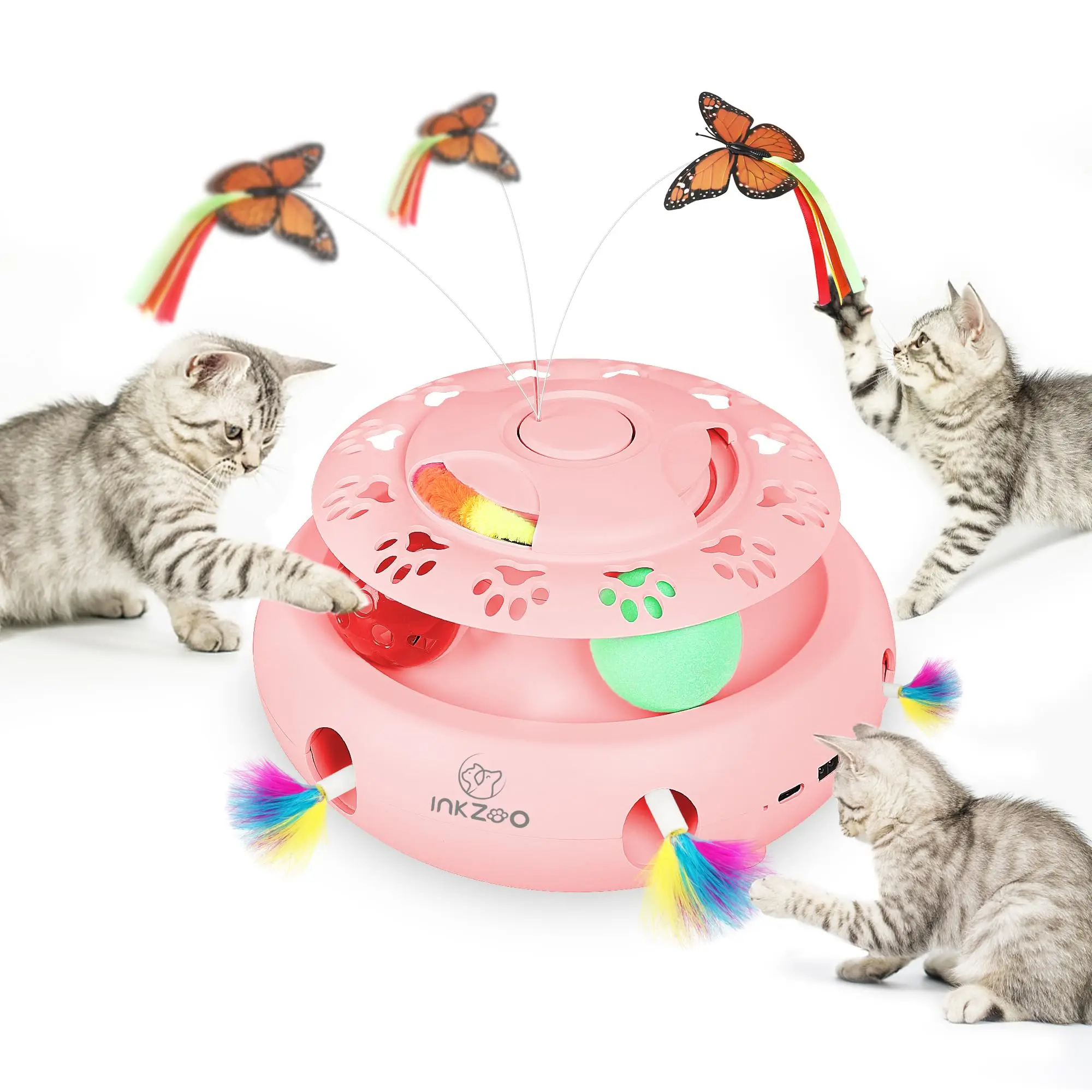 

4-in-1 Interactive Cat Toys for Indoor Cats, Automatic 6 Holes Mice Whack-A-Mole, Fluttering Butterfly, Track Balls,Rechargeable