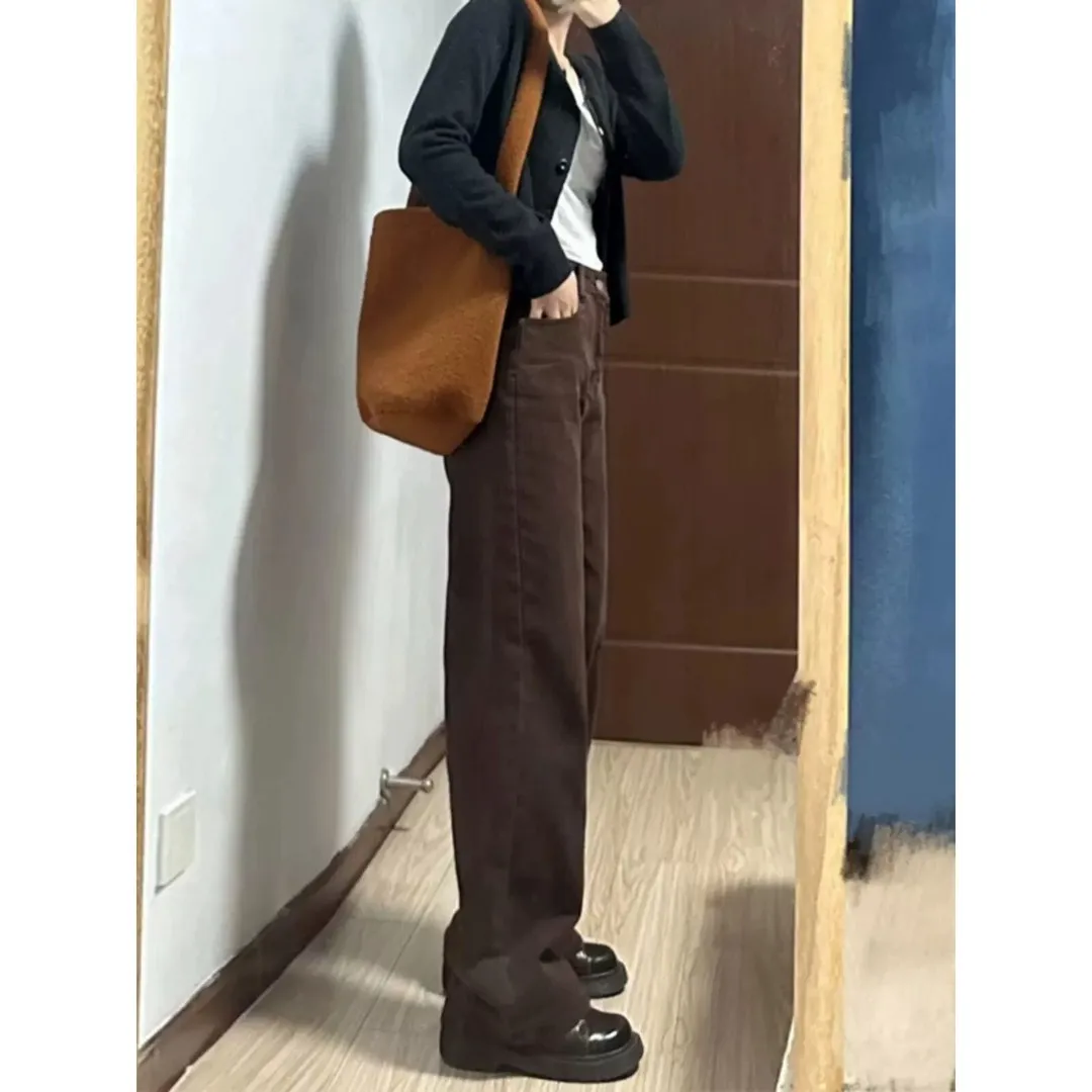 Brown High Waist Draped Wide Leg Jeans Women's Loose Fit Lengthening Legs Casual Straight Cut Trousers Autumn Cotton Denim