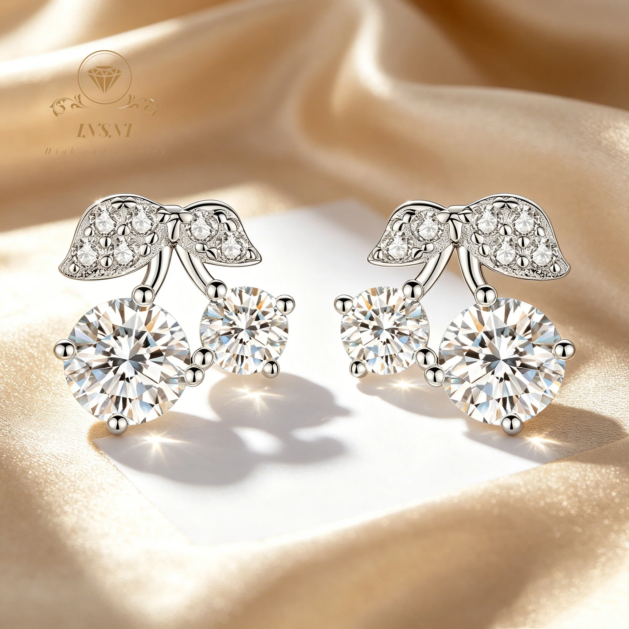 Personality Small Cherry Stud Earrings Micro-inlaid Moissanite Stud Earrings Light Luxury Trend Sterling Silver Jewelry Gift