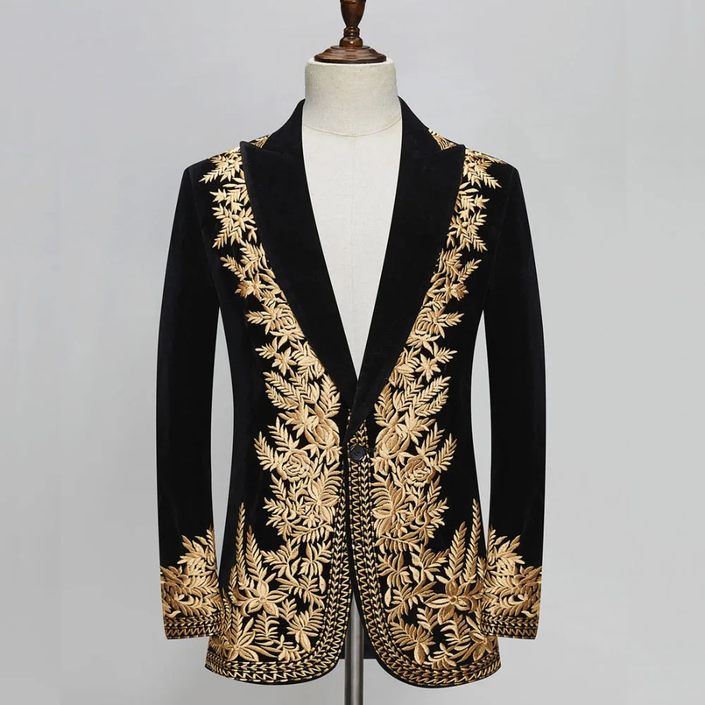 

Man Blazer Gold Embroidery Stage Host Coat Black
