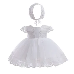 New Baby Girl Dress with Hat White Lace Christening Baptism Gown Infant 1 Year Birthday Princess Outfit for Formal 0-24M