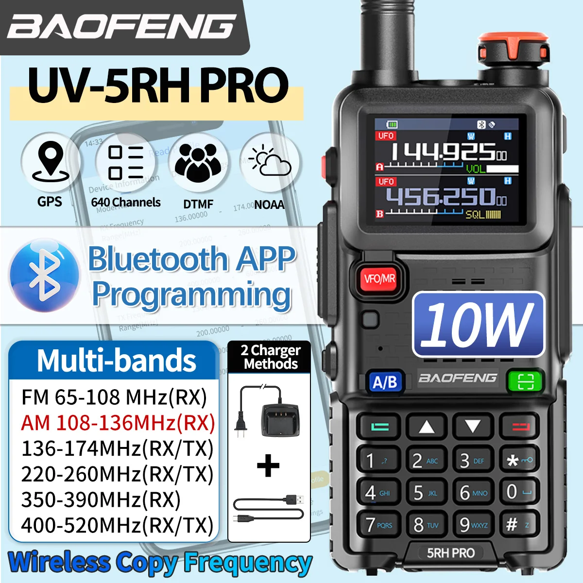 Baofeng UV-5RH PRO GPS Walkie Talkie Bluetooth Programming 10W Multi Band AM/FM Long Range Two Way Radio Shipping Cruise Travel