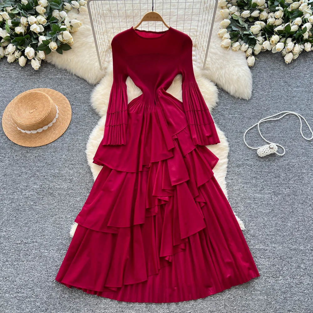 Women Long Dress Dresses A Line Vestidos Ruffles Irregular Party Night Streetwear Round Neck Full Sleeve Elegant Y2k Work