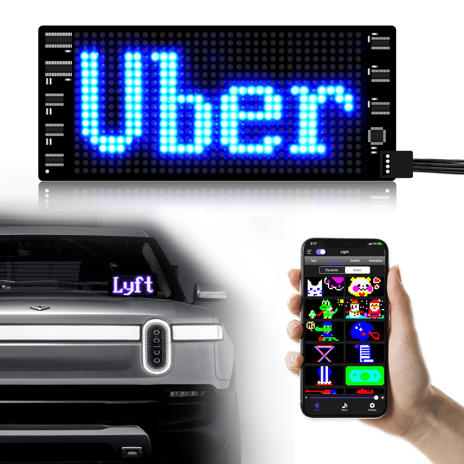 LED Bright Flexible Uber Sign, Advertising LED Sign Animation Programmable, LED Car Sign, Controlled by Bluetooth App