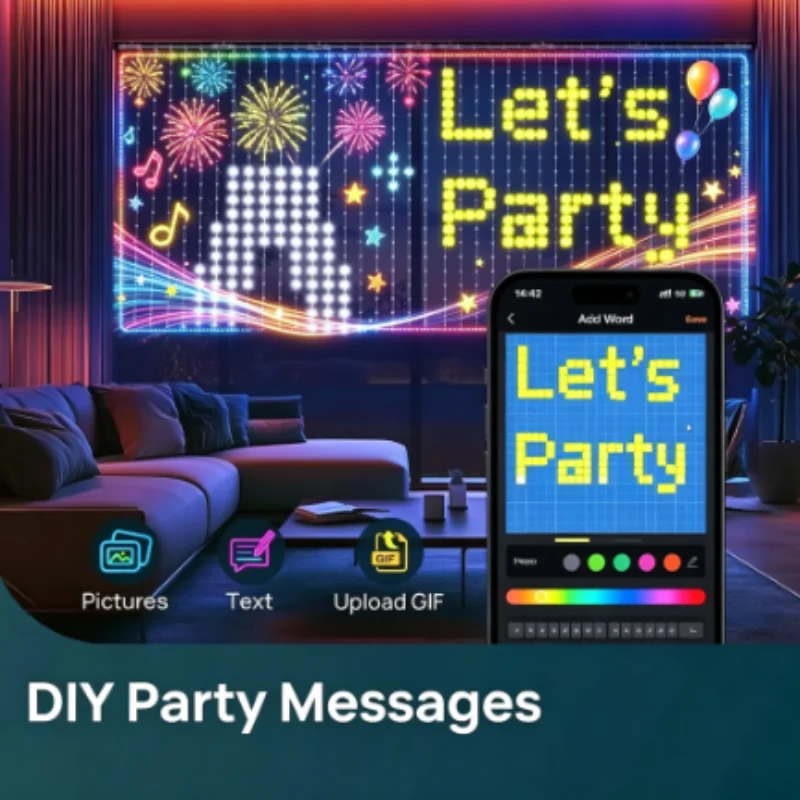 フェアリーライト-led-カーテン-スマート、rgb-カラーチェンジ、アプリ連動、音楽同期、diy-パターン、壁の背景、寝室、クリスマスデコレーション