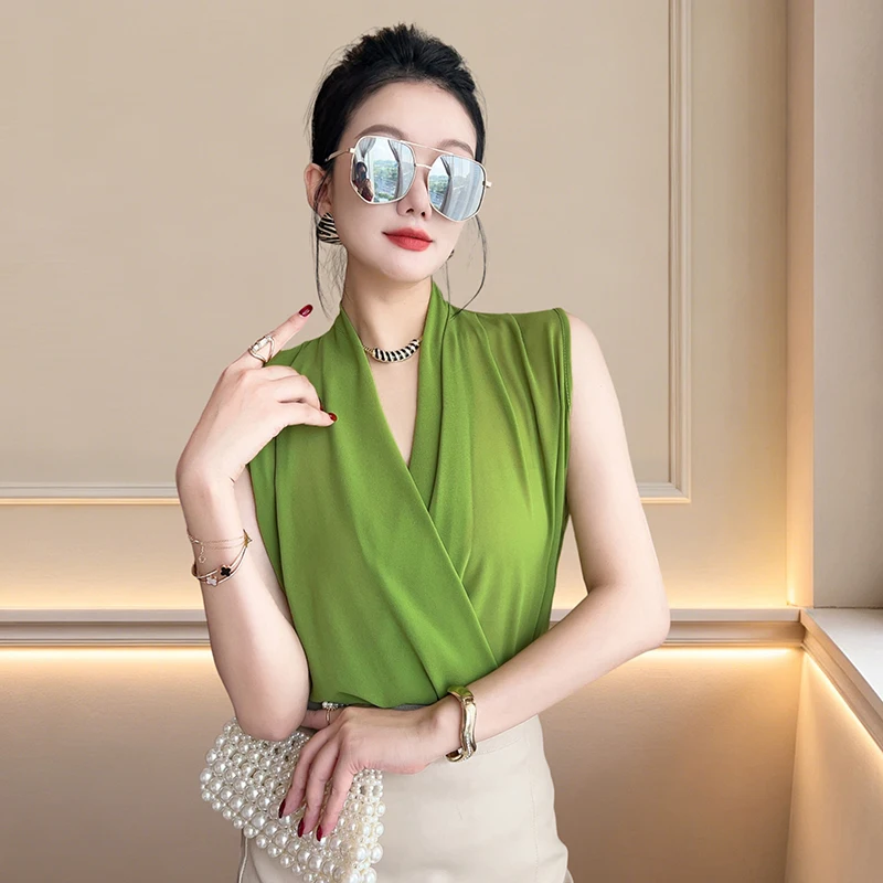 2026 new summer korean clothes t-shirt chic sexy v-neck cross draped women tops sleeveless pullover slim all Match tees