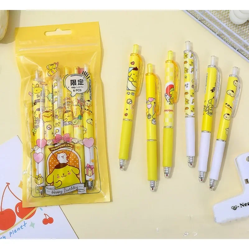 6pcs/set Cute Cartoon Pom Pom Purin Retractable Pen St Head Quick-dry Black Gel Pen Students Brush Questions Cute Stationery