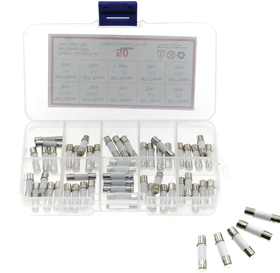 

100 шт./кор. из 10 типов комплектов быстрого керамических предохранителей 250 В, 5 мм x 20 мм, комбинация предохранительных трубок 0,25 А ~ 20 AMP
