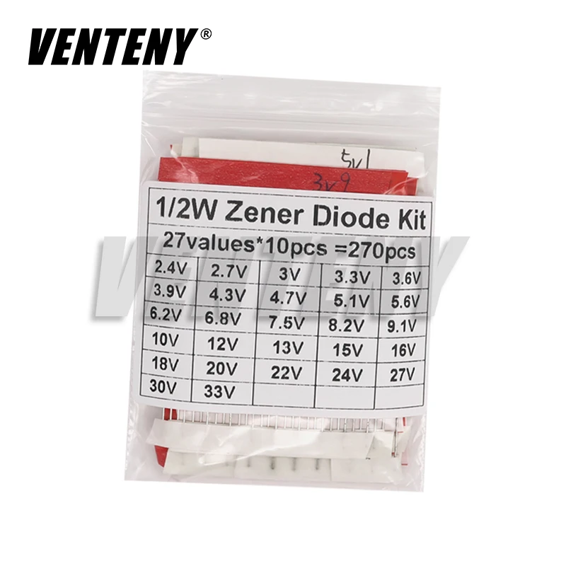 270pcs 1/2W Zener Diode Assorted Kit DO-35 0.5W 2.4V-33V 27Values Each 10pcs DIY Sample Set