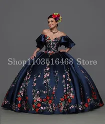 Diamond Blue Quinceanera Dresses 2024 Luxury Mexican Charro Strapless Silk Floral Embroidered Corset vestidos de 15 años