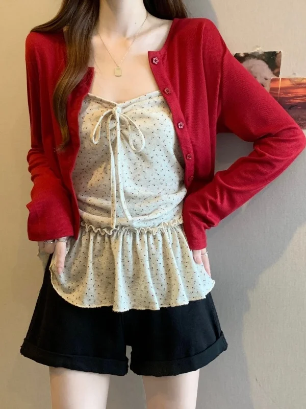 

Sweet Girl Style Knitted Open Cardigan Women's Summer New Elegant Lace Trim Floral Strap Vest Top plus Size Fashion Set