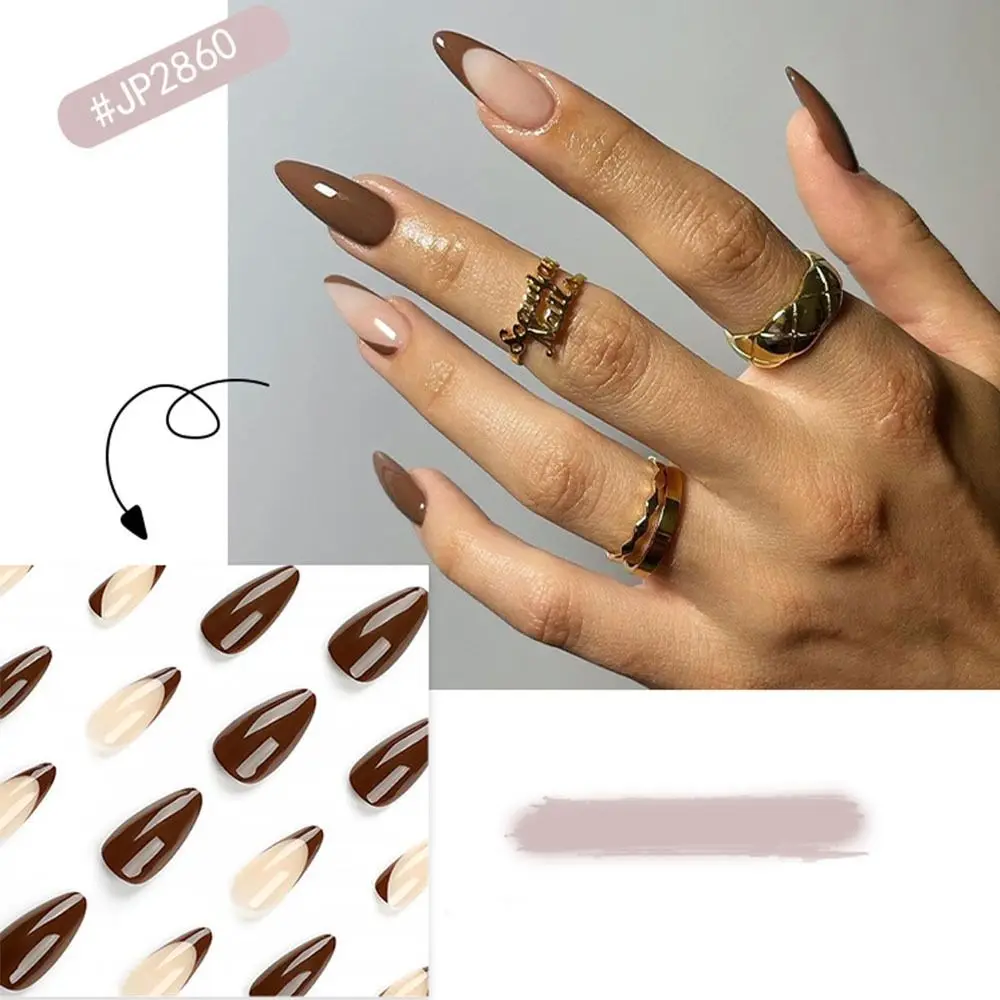 Manicure Long Almond False Nails White Edge Bow Fake Nials French Detachable Nail Tips Women