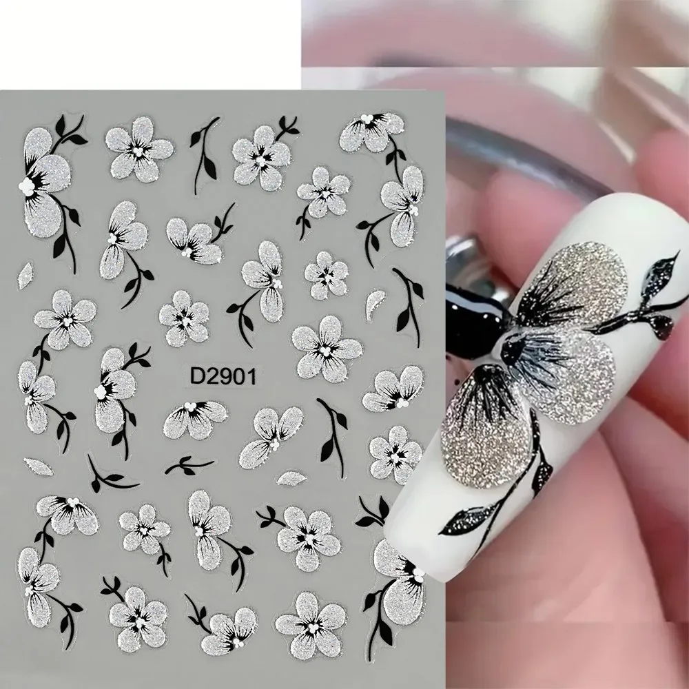 1pcs Glitter Silver Flower Nail Art Sticker  Plum Blossom Petals Leaves Self-adhesive Nail Decals Black Line Manicure Decoration