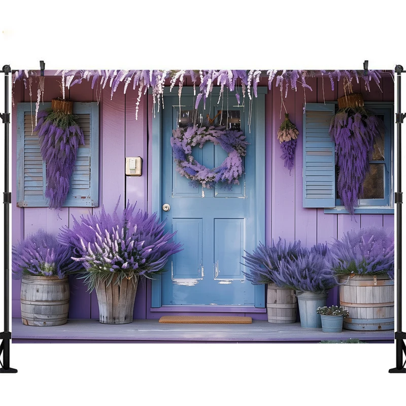 LS Fotografie Achtergrond Volwassen Portret Decor Paarse Lavendel Krans Blauwe Deur Houten Gestreepte Muur Achtergrond Fotostudio