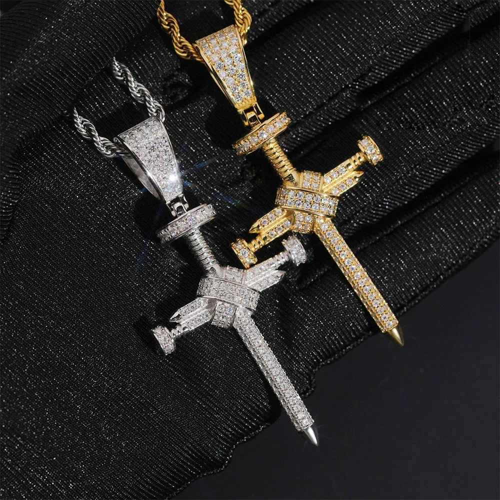 925 Sterling Silver Iced Moissanite Nail Cross Pendant Plated Yellow Gold Hiphop Rock Women Men Jewelry Pass Diamond Tester Gra