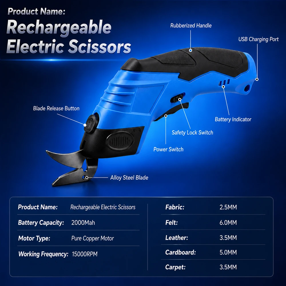 3.6V Cordless Electric Scissors Fabric Cutting Machine Leather Tailor Scissors With Steel Blade USB Charging Portable Power Tool