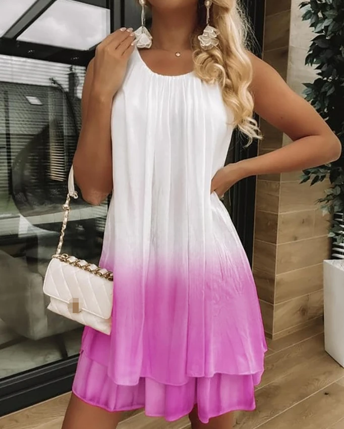 Hot Selling A Line Dress for Women Summer U-Neck Sleeveless Gradient Tie Dye Print Hollow-Out Crochet Lace Daily Vacation Dress