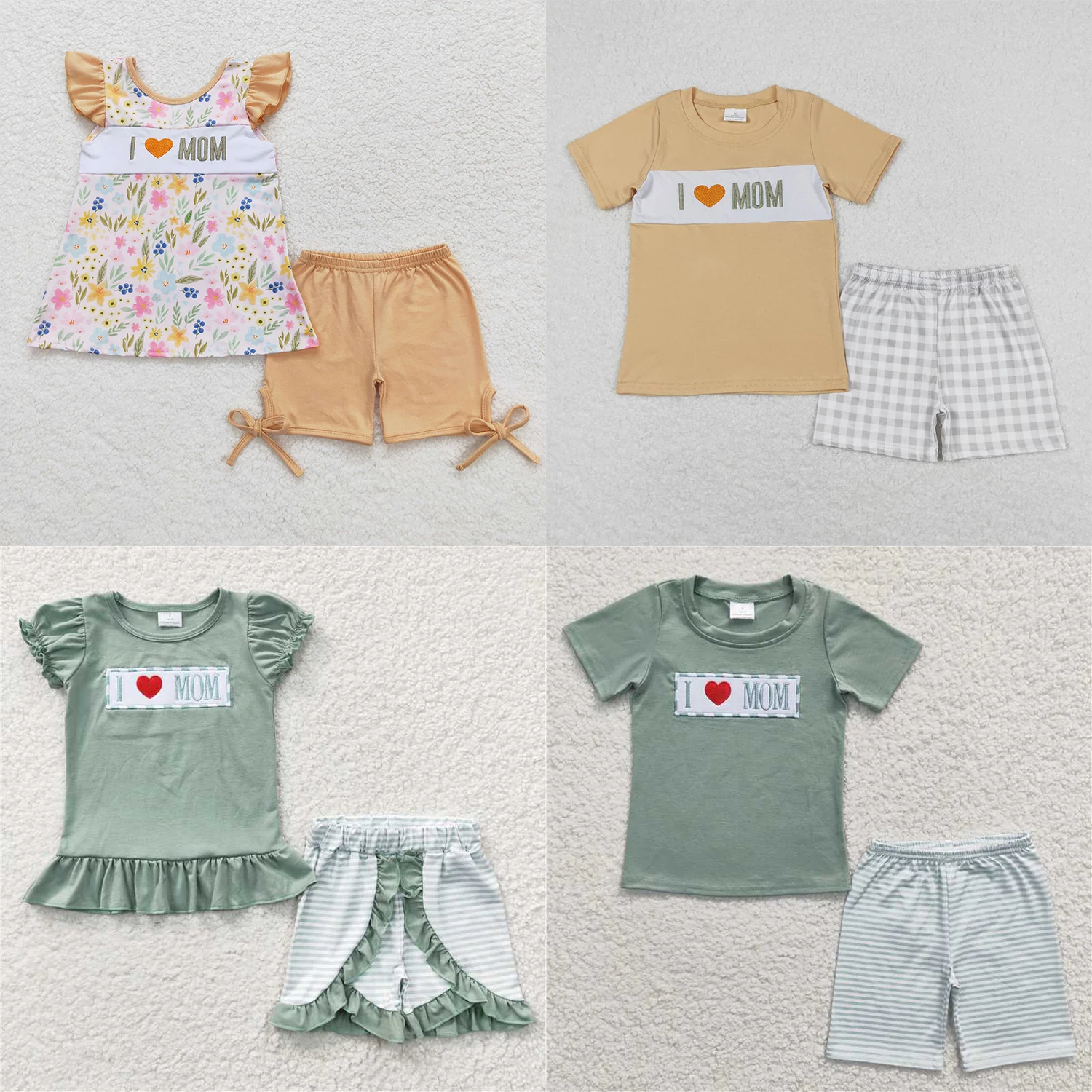 

Wholesale Children Wear Embroidery Summer Mama's Boy Girl Set Kids Short Sleeves Tops Camo Shorts Toddler Floral Outfit