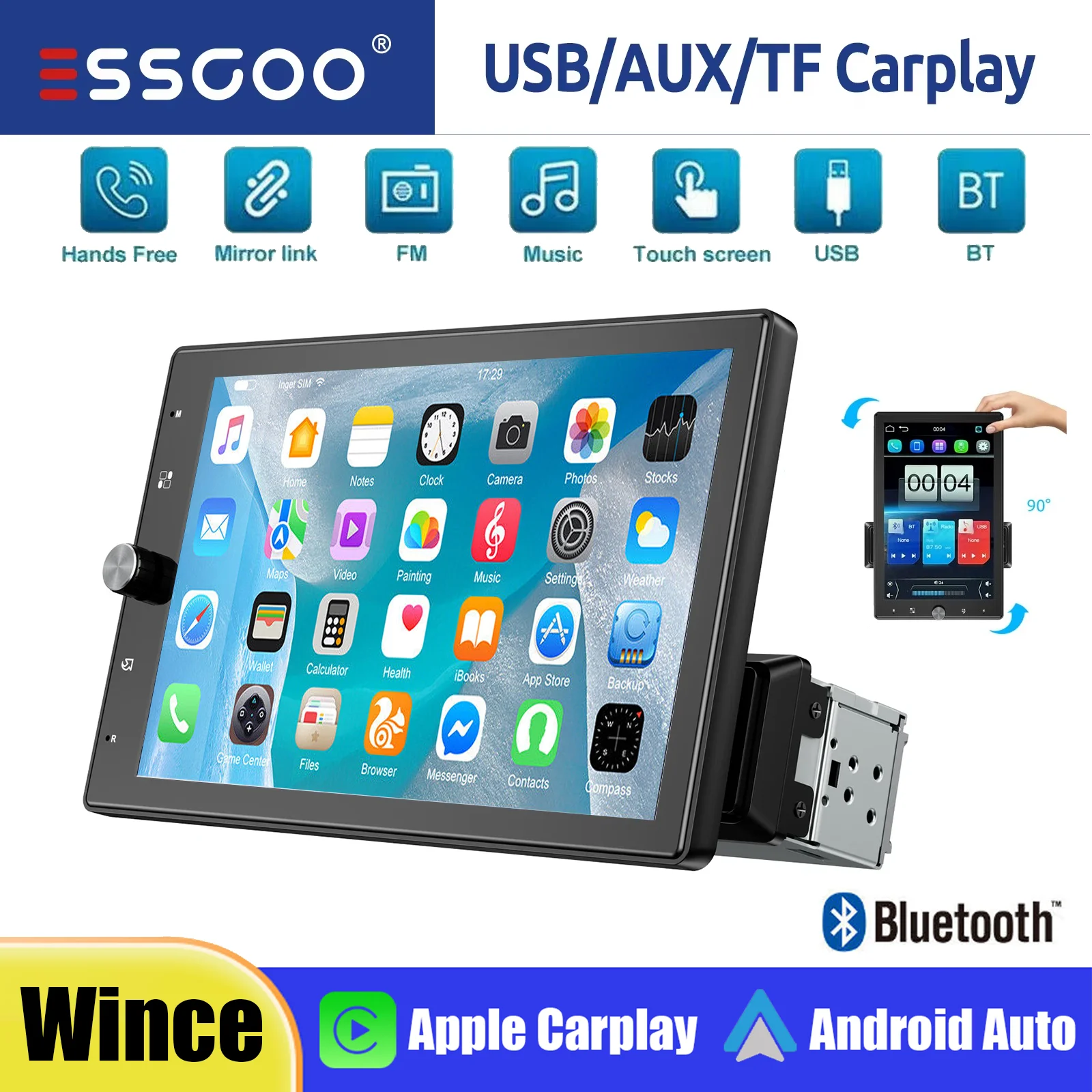 ESSGOO Single 1 DIN 10,4 Zoll drehbarer Touchscreen Universal Autoradio Wireless Carplay Android Auto BT AUX USB TF Mirror Link IPS