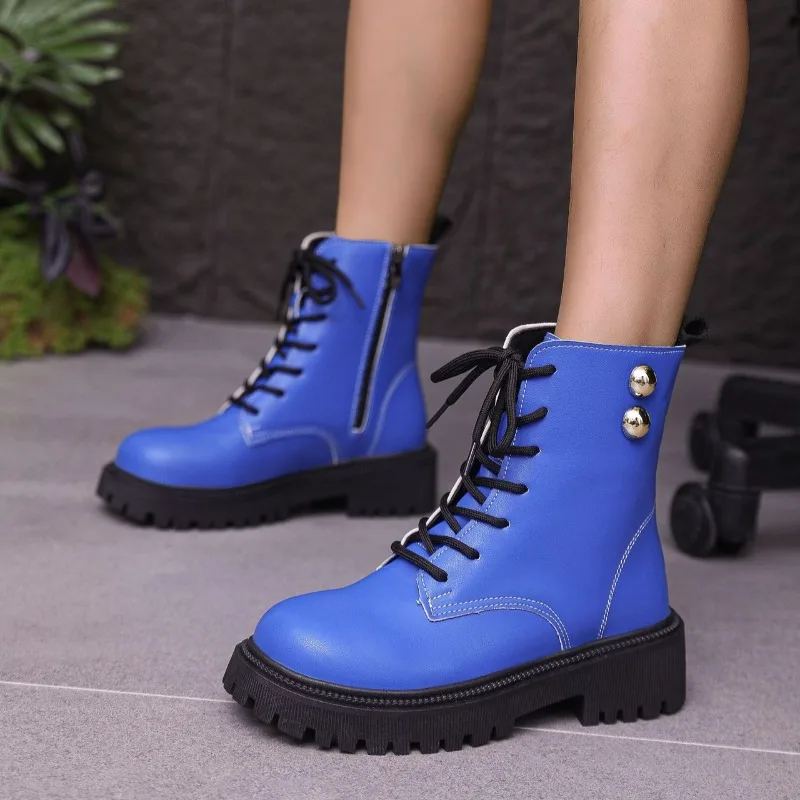 2025Womens Boots Fashion High Top Leather Boots Lace Up Ankle Boot Non Slip Platform Boots for Women Motorcycle Boot Botas Mujer