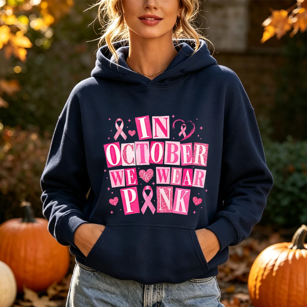 In October We Wear Pink Hoodie Breast Cancer Awareness Ribbon Heart Coquette Graphic Cozy Fall Pullover Support Top