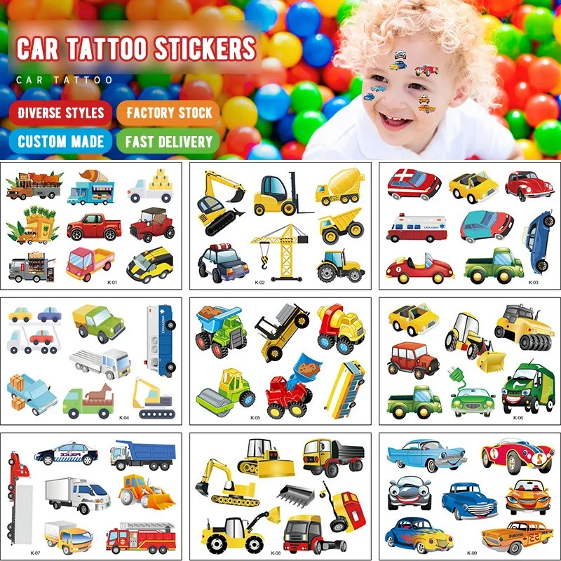 

12 Pack Car Tattoo Stickers Children's Cartoon Cognitive Toys Disposable Temporary Tattoo Paper Transportation Stickers