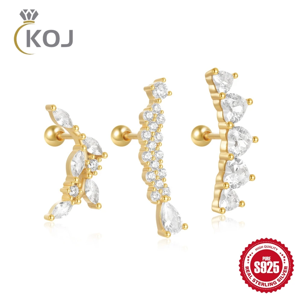 

KOJ 925 Sterling Silver Zircon For Women Geometry heart Crystal inlaid Piercing Thin rod earrings ear bone nail jewelry gifts