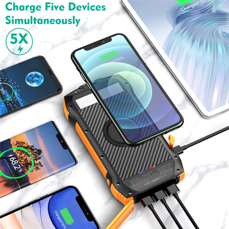 33500mAh Solar Power Bank Wireless Charger Dual USB Port Fast Charging for iPhone 16 Samsung Xiaomi Powerbank with Camping Light