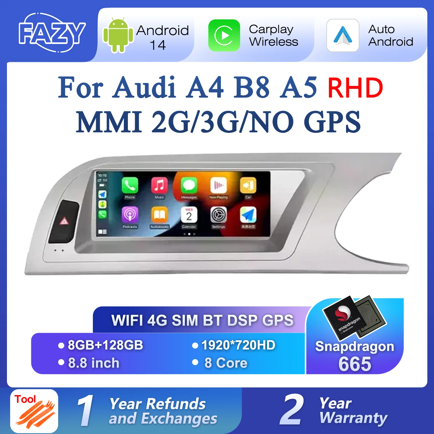 

Qualcomm 8+128GB Android 14 Carplay Screen For Audi A4 B8 A5 2008-2016 RHD MMI 2G 3G GPS Multimedia Palyer Auto Radio DSP Stereo