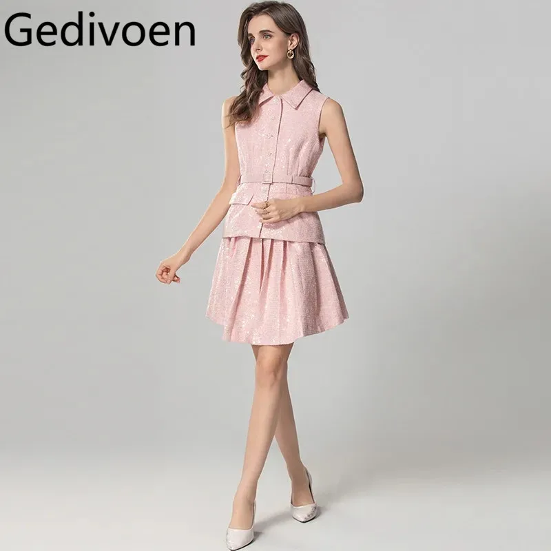 Gedivoen Summer Women's Suit Turn-Down Collar Sleeveless Single-Breasted Tops+Pleated short skirt 2 piece set With Belt