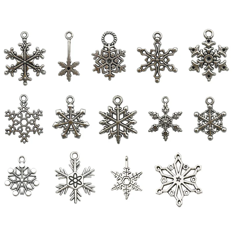 14pcs Mix Antique Silver Color Snowflake Charms For Jewelry Making Supplies Metal Retro Pendant Winter Christmas DIY Accessories