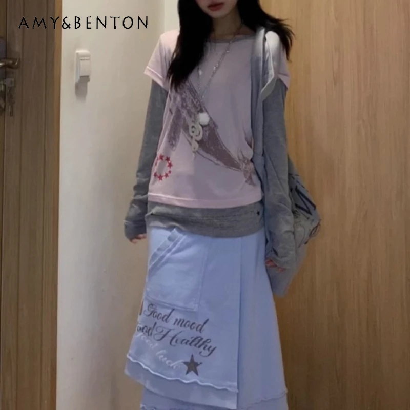 

Autumn Pink Fake Two-Piece Embroidered Long Sleeve Printed Women's T-Shirt Vintage Loose Versatile Round Neck T-Shirts Ladies
