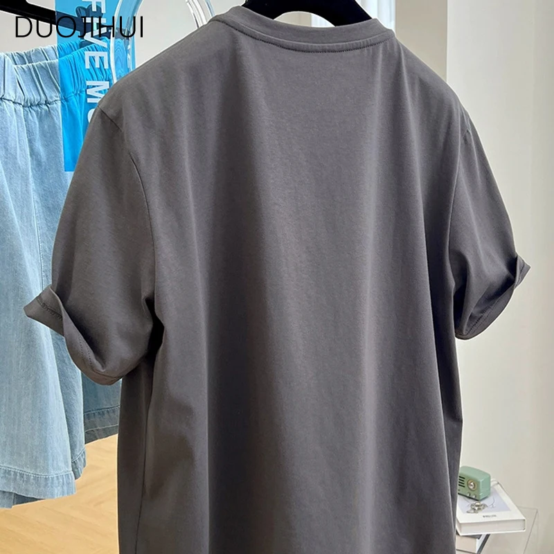 DUOJIHUI Dark Grey Classic O-neck Loose Casual Women T-shirts Summer Chic Printing Simple Office Ladies Fashion Female T-shirts