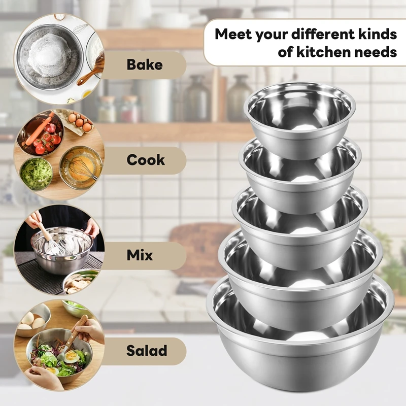 Mixing Bowl With Lid Set Of 5, Stainless Steel Nesting Salad Bowl Set For Prepping, Mixing And Serving