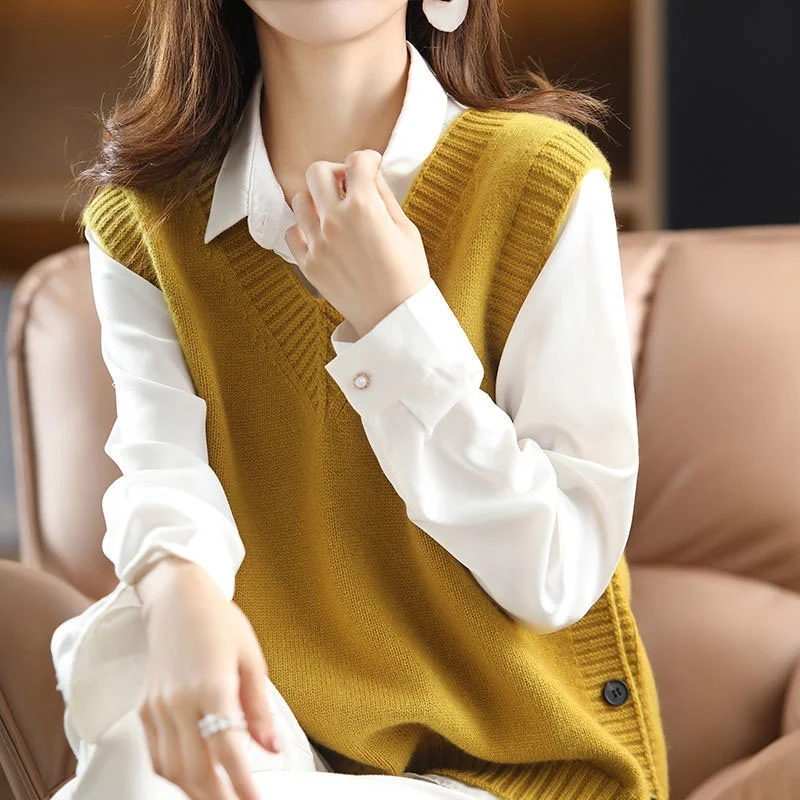 

Loose Knitted V-Neck Women's Vest Brand Clothing Tagless Lazy Style Fashionable Korean Commute Style Online Exclusive