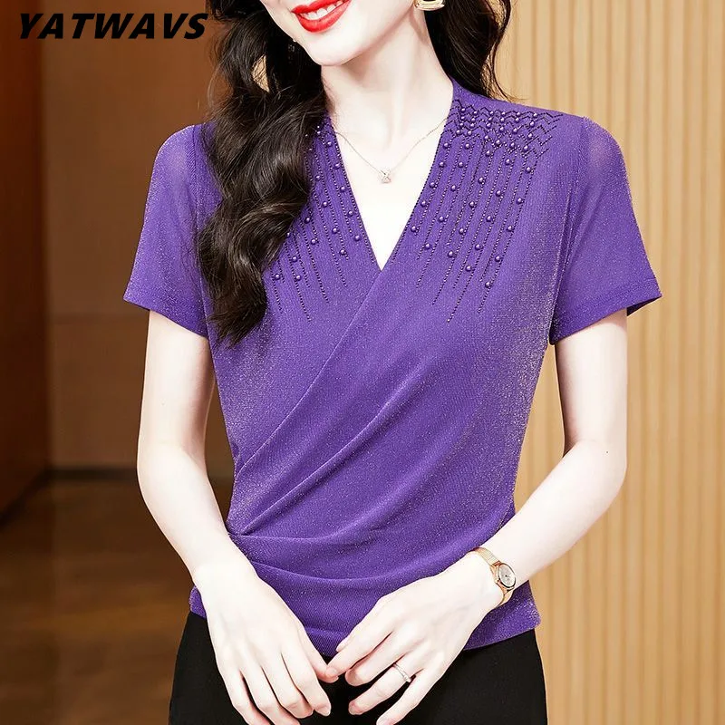

Новая модная универсальная футболка с v-образным вырезом и блестящим бисером, с коротким рукавом, тонкие сетчатые брендовые роскошные футболки, шикарный летний женский топ с горячими бриллиантами