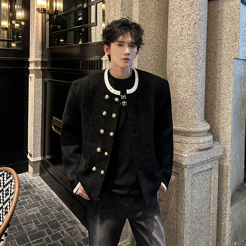 

Zhang Zimo Men's Bla White Patchwork Double Row Buttoned ort Jaet Autumn Winter High End Sensation Outerwear Coat