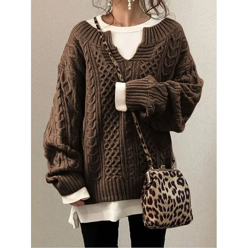 

Loose Long Sleeve Knitted Pullovers Autumn Winter Women's Clothing Solid Color V-Neck Casual Sweaters Fashion Female All-match