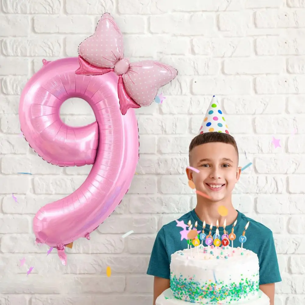 Bow Balloon 40 Inch Happy Party Balloon Set with Number Bowknot Shape Aluminum Film Balloon Pink Number for Girls Daughter