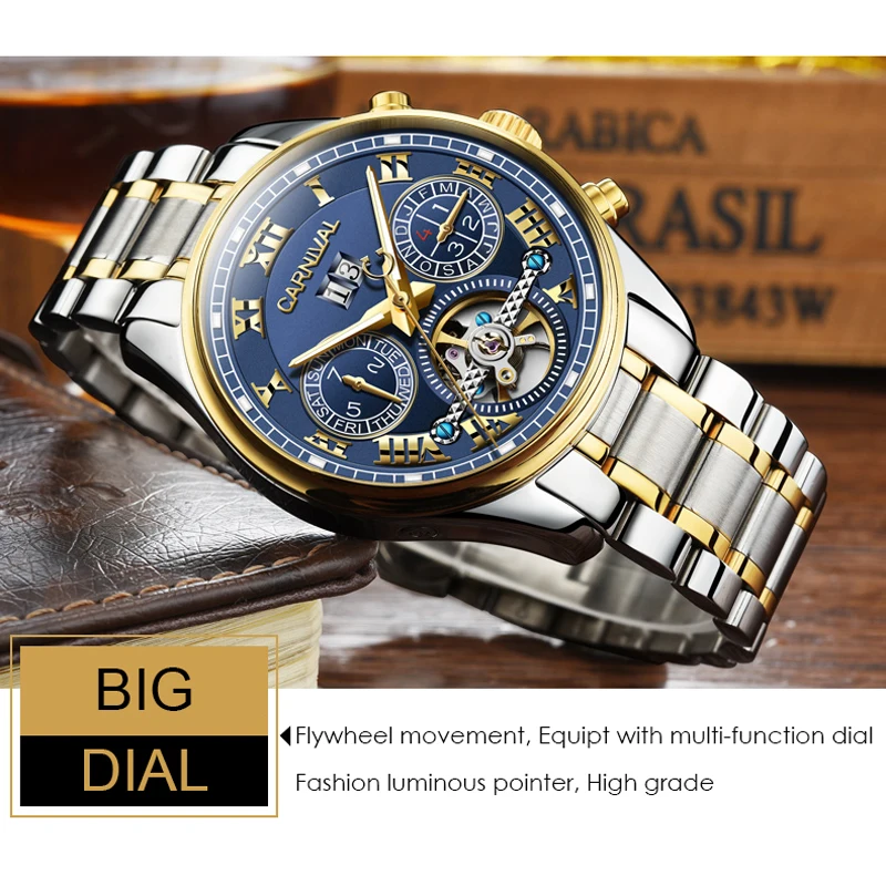 CARNIVAL Classic Design Roman Dial Multifunction Tourbillon Mechanical Sports Men Watch Automatic Mens Wristwatch Reloj Hombre