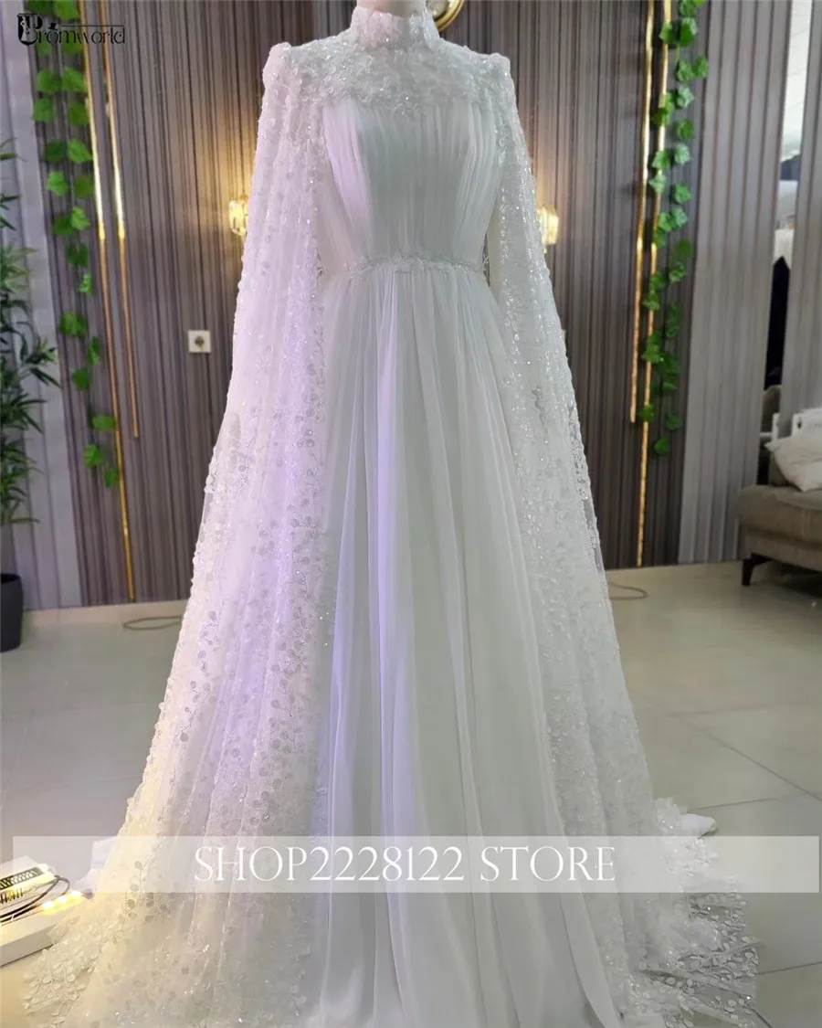 Dubai Abito Da Sposa di lusso musulmano che borda abiti Da Sposa a maniche lunghe pieghettati in Chiffon con scollo alto a trapezio in pizzo a trapezio