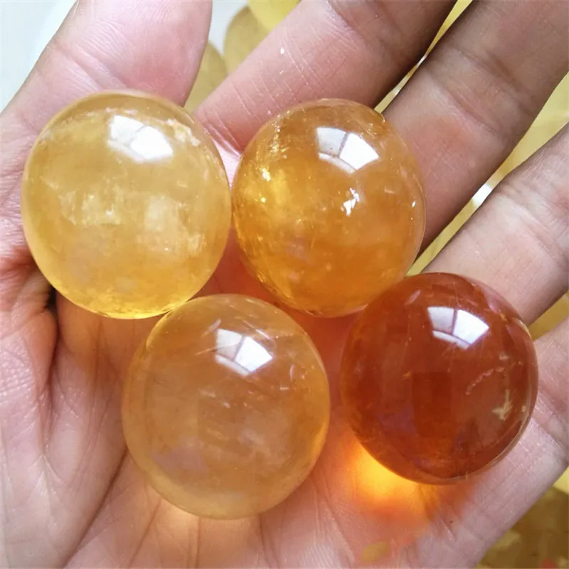 3-4cm Natural Citrine Calcite Quartz Crystal Sphere Ball Healing Gemston Home Decor+ wood bracket