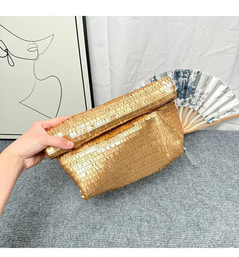 Fashion Bling Gold Party Bag Glitter Evening Wedding Dinner Fold Clutches Dress Handbag Purse