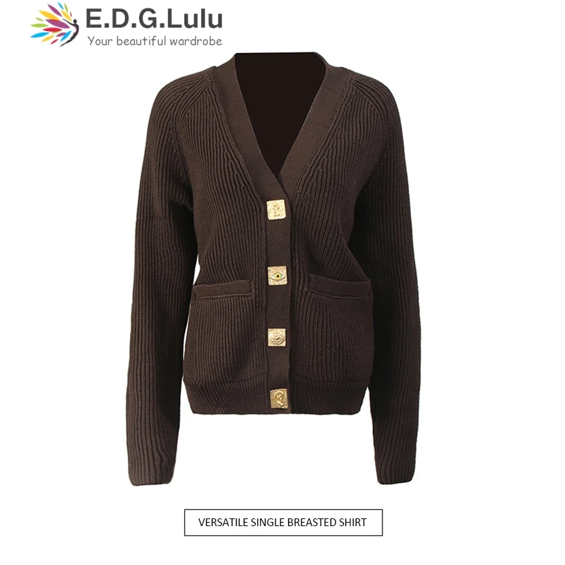 

EDGLuLu, осень 2025 г., новый однобортный вязаный кардиган с v-образным вырезом, женский однотонный вязаный топ с длинными рукавами 0920